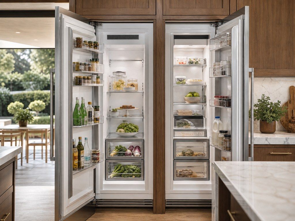 A pair of tall stainless Sub-Zero built-in refrigeration columns open in a bright Menlo Park estate kitchen with custom cabinetry
