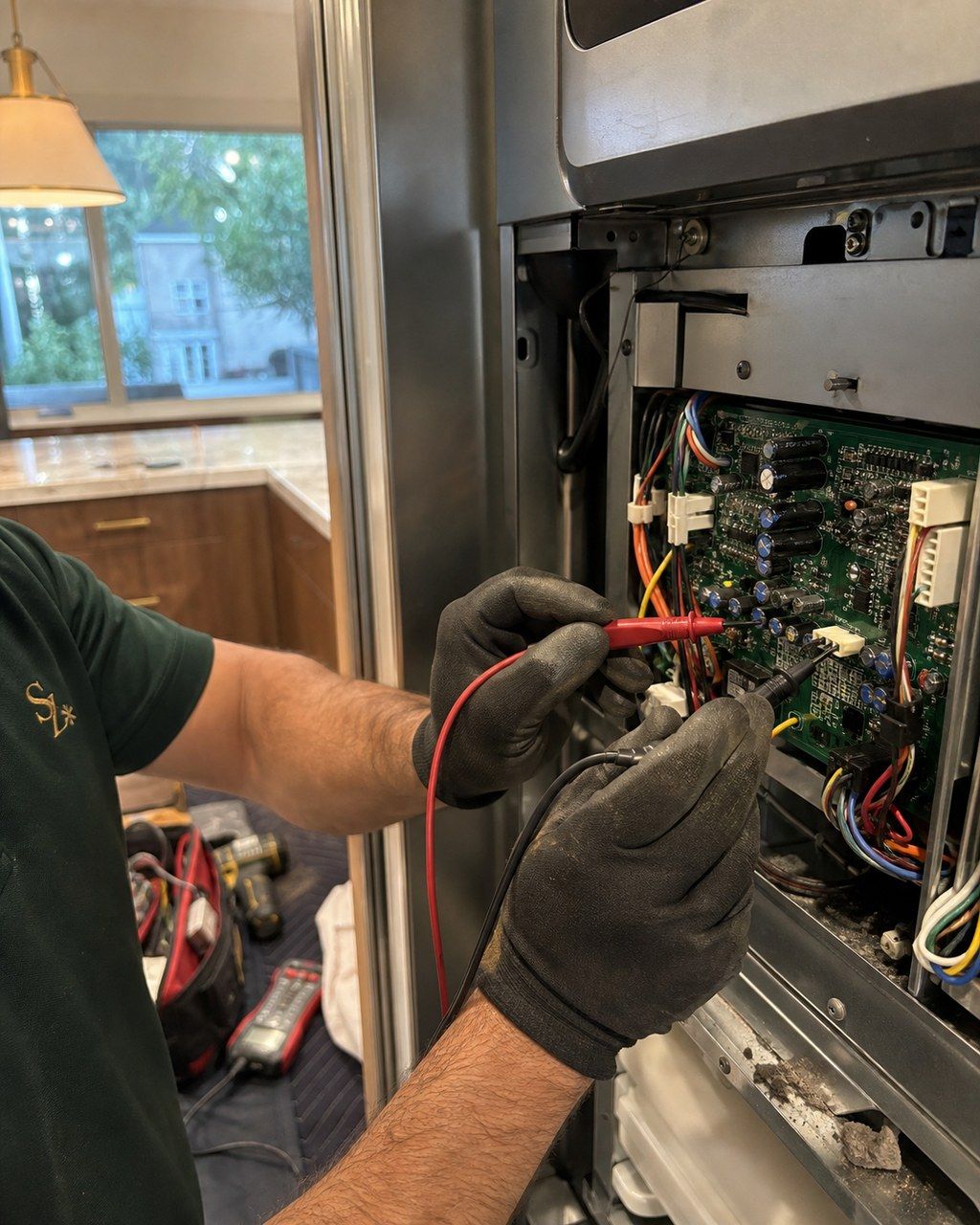 Gloved hands of a forest-green-uniformed technician holding a multimeter probe to the control board of a Sub-Zero built-in refrigerator with the access panel removed