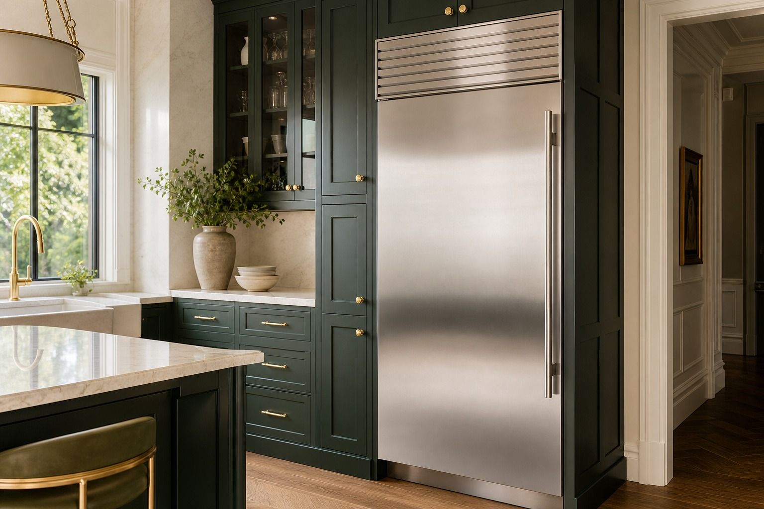 A GE Monogram built-in refrigerator integrated into walnut cabinetry in a Menlo Park estate kitchen