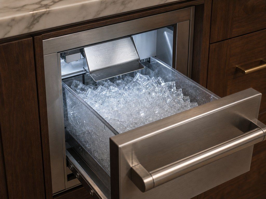 A Sub-Zero built-in ice maker bin pulled out and full of clear ice cubes, with the freezer interior cool and frosted