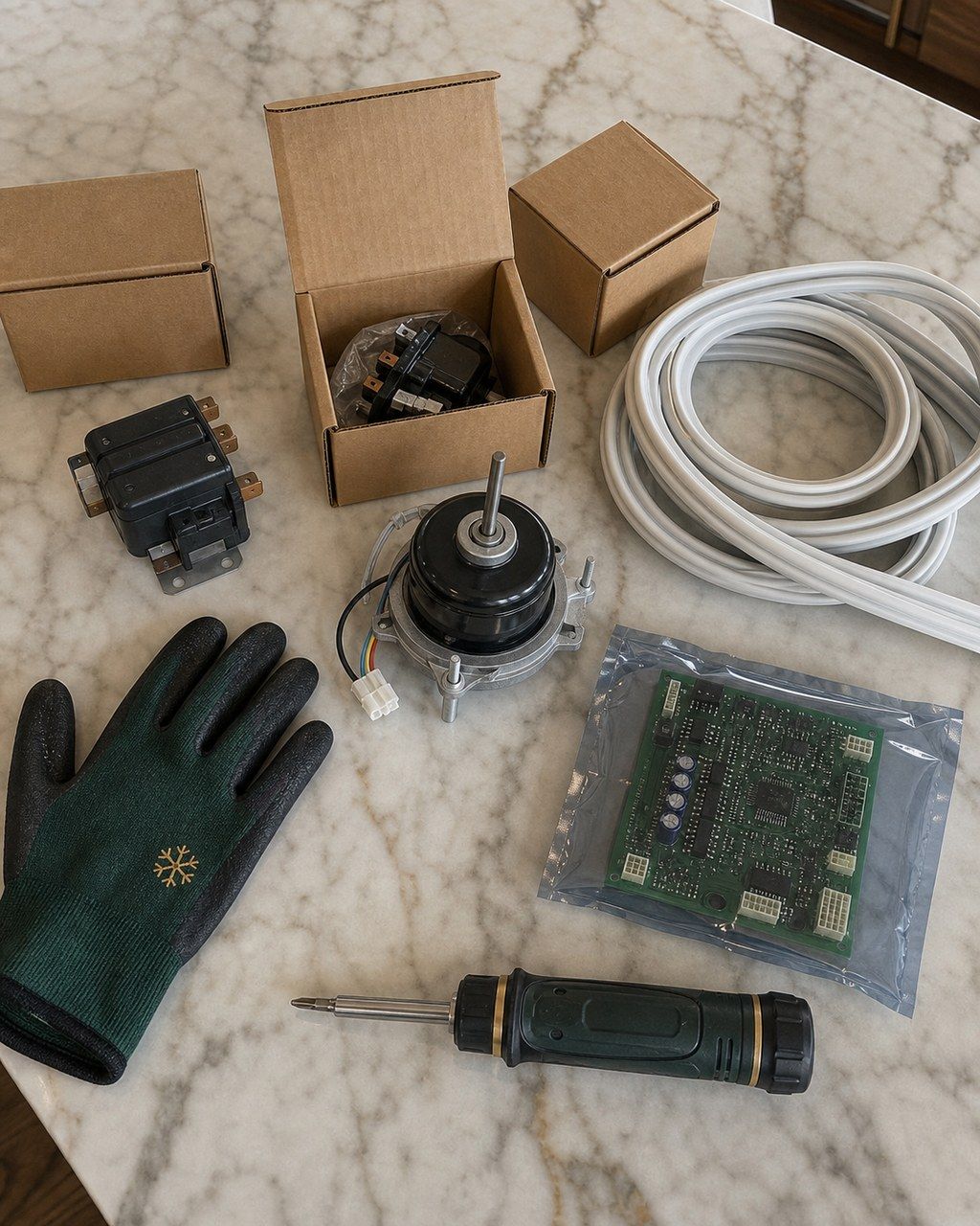 A top-down view on a marble counter of genuine OEM Sub-Zero parts — a compressor relay, fan motor, coiled door gasket and a control board — in plain boxes beside a forest-green work glove