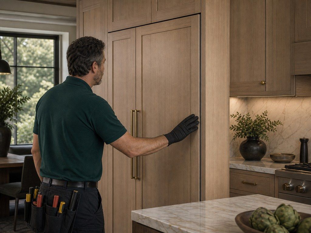A panel-ready integrated Sub-Zero column faced with a custom white-oak cabinet panel blending seamlessly into the millwork of a West Menlo estate kitchen