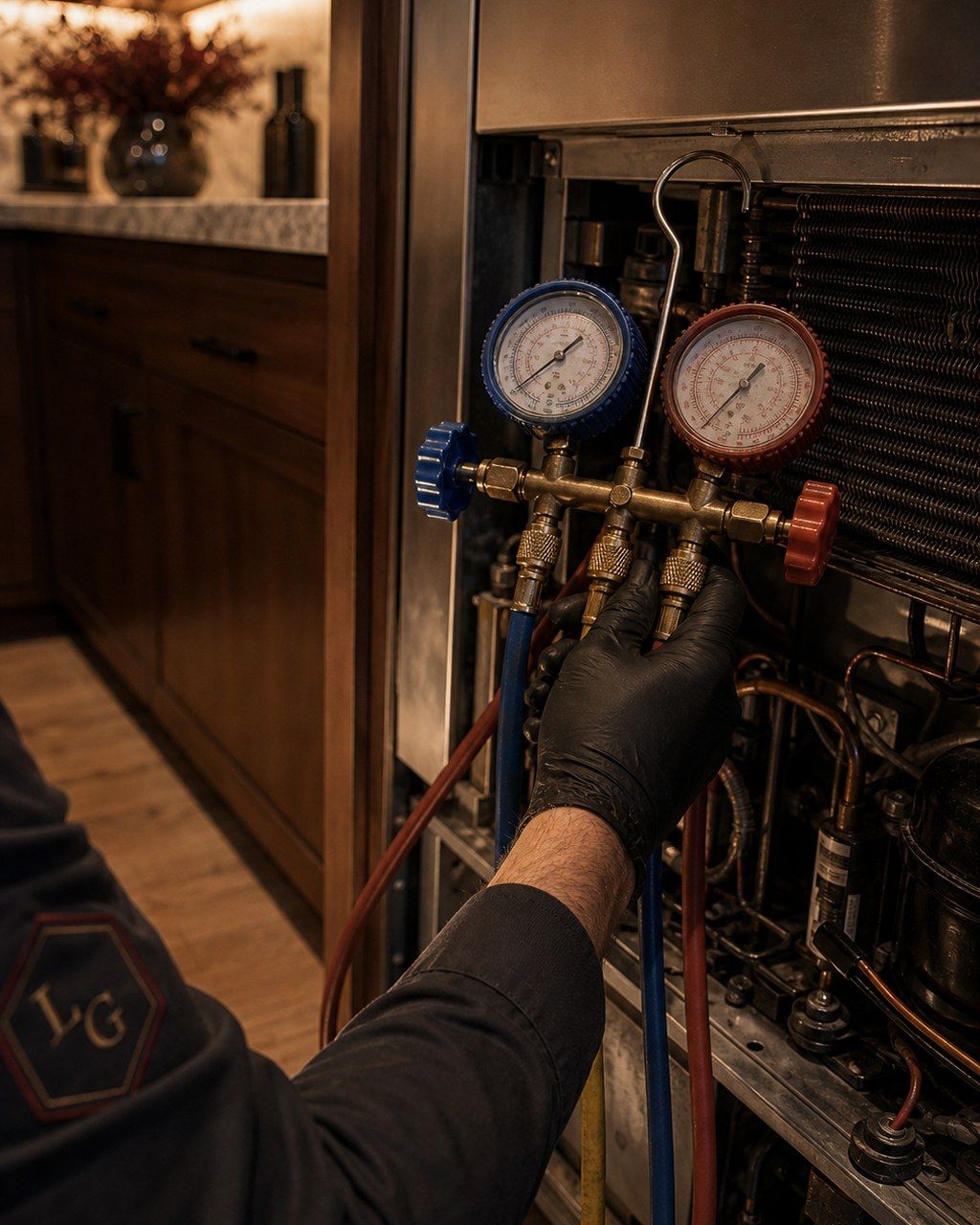 Refrigeration manifold gauges with blue and red dials connected to the sealed system of a Sub-Zero built-in, the technician’s forest-green sleeve in frame at the base of the unit