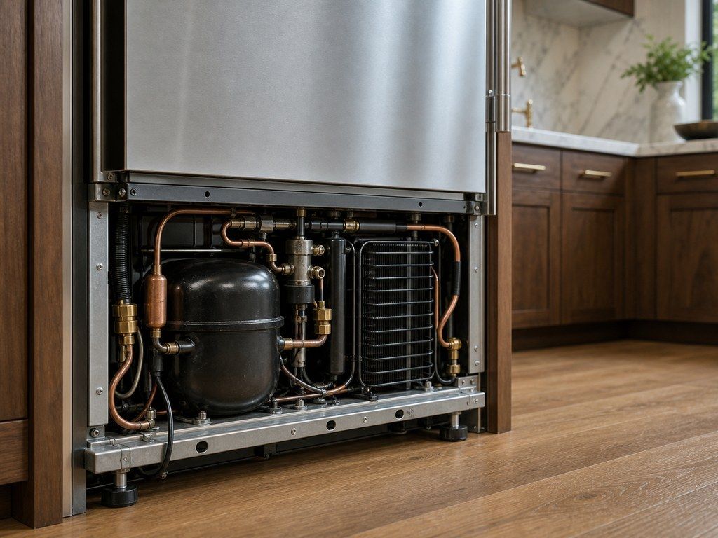The lower mechanical compartment of a Sub-Zero built-in pulled slightly out, showing the compressor, copper sealed-system lines and condenser at the base