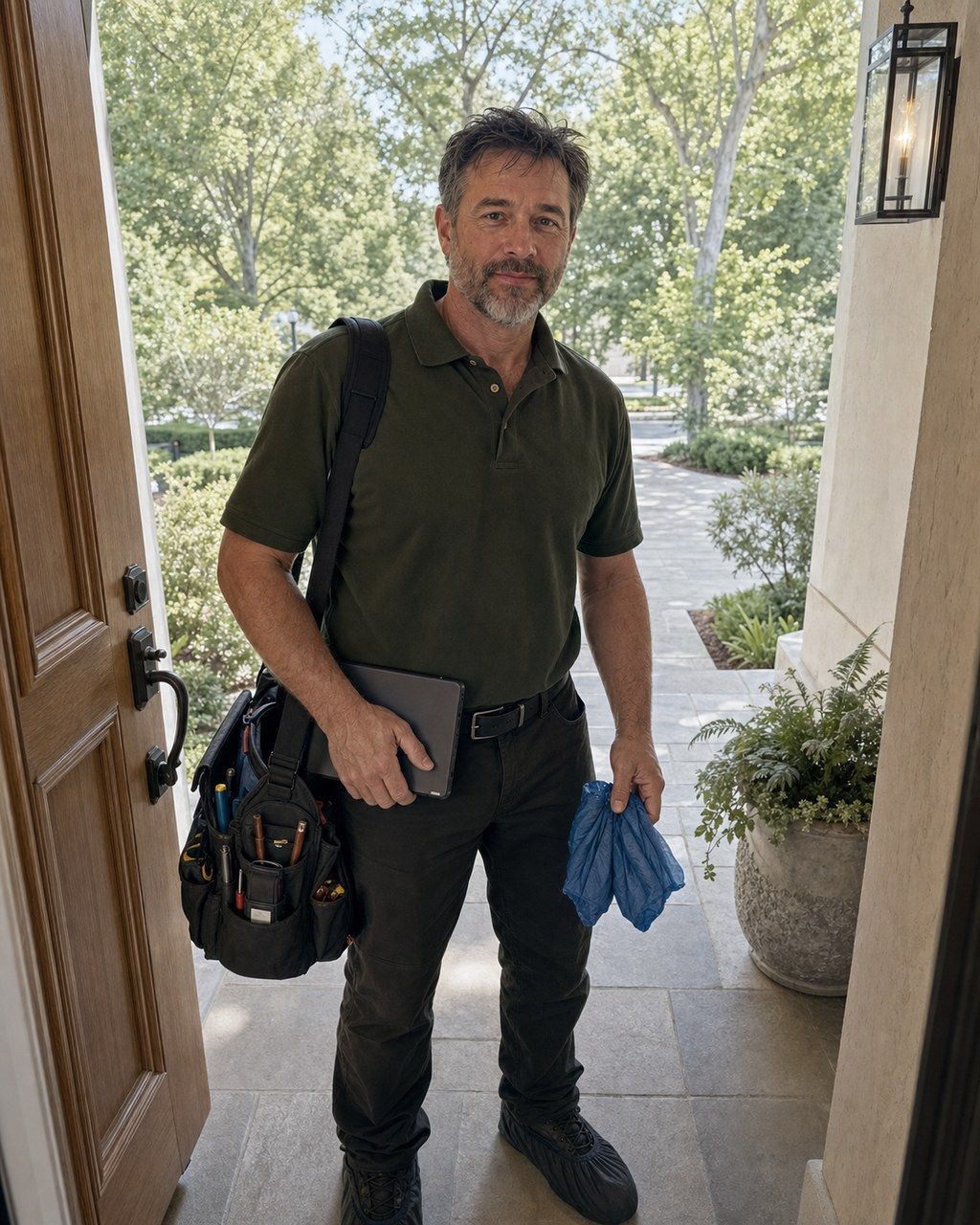 A technician in a forest-green uniform with a small gold company monogram standing at the front door of an upscale West Menlo home with a tool bag and shoe covers in hand