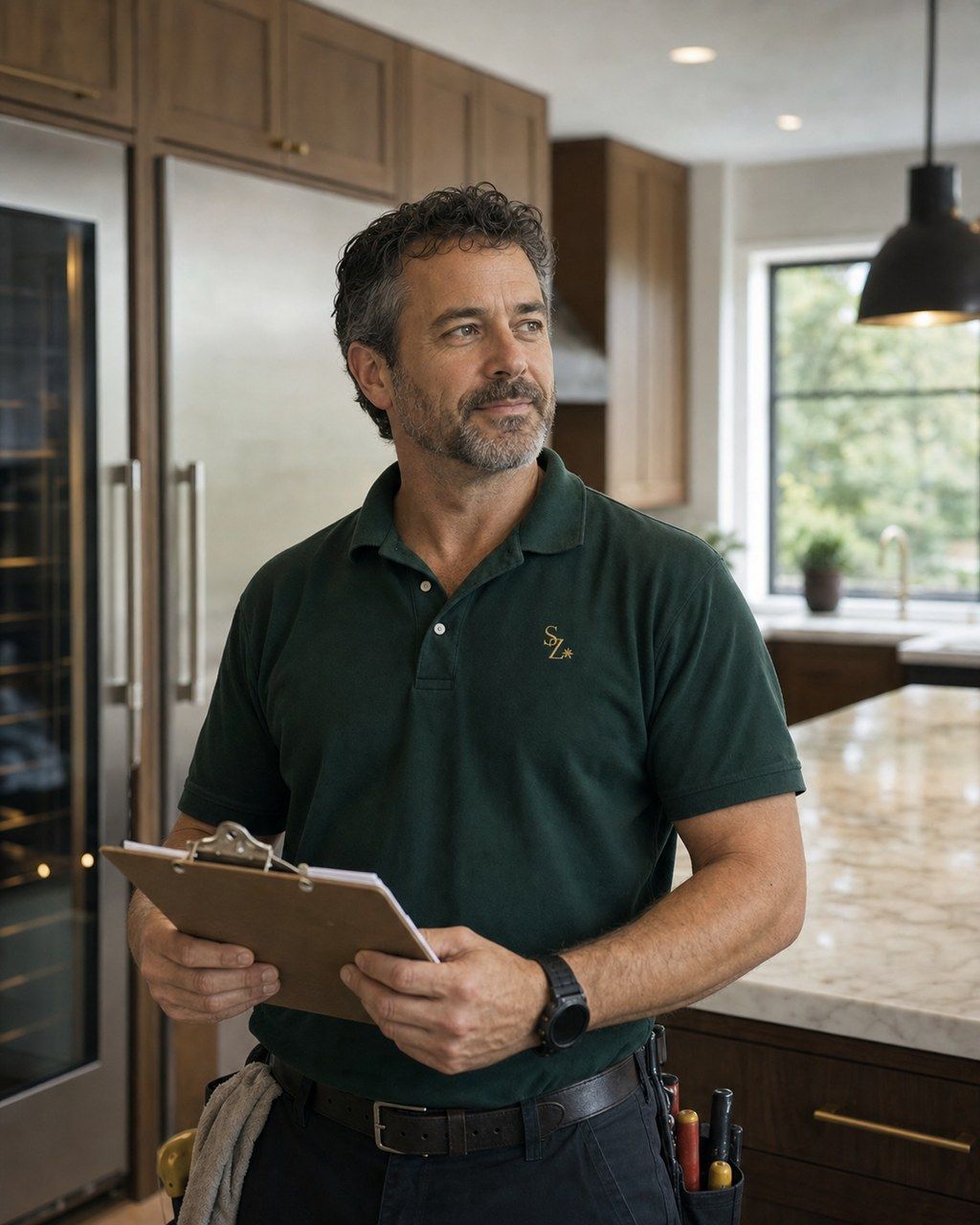 A natural environmental portrait of the lead Sub-Zero technician in a forest-green polo with a small gold company monogram, standing in a Menlo Park estate kitchen holding a clipboard