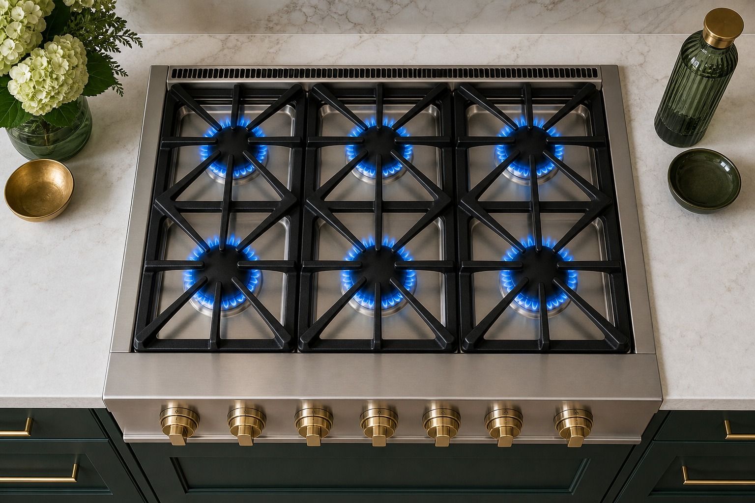 A Thermador built-in refrigeration column and cooktop in a refined West Menlo estate kitchen with custom cabinetry