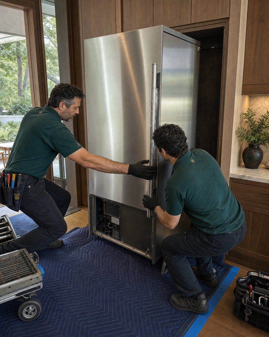 Two technicians in forest-green uniforms carefully sliding a heavy Sub-Zero built-in column out of its cabinet cutout, with a moving blanket and floor runner protecting the cabinetry