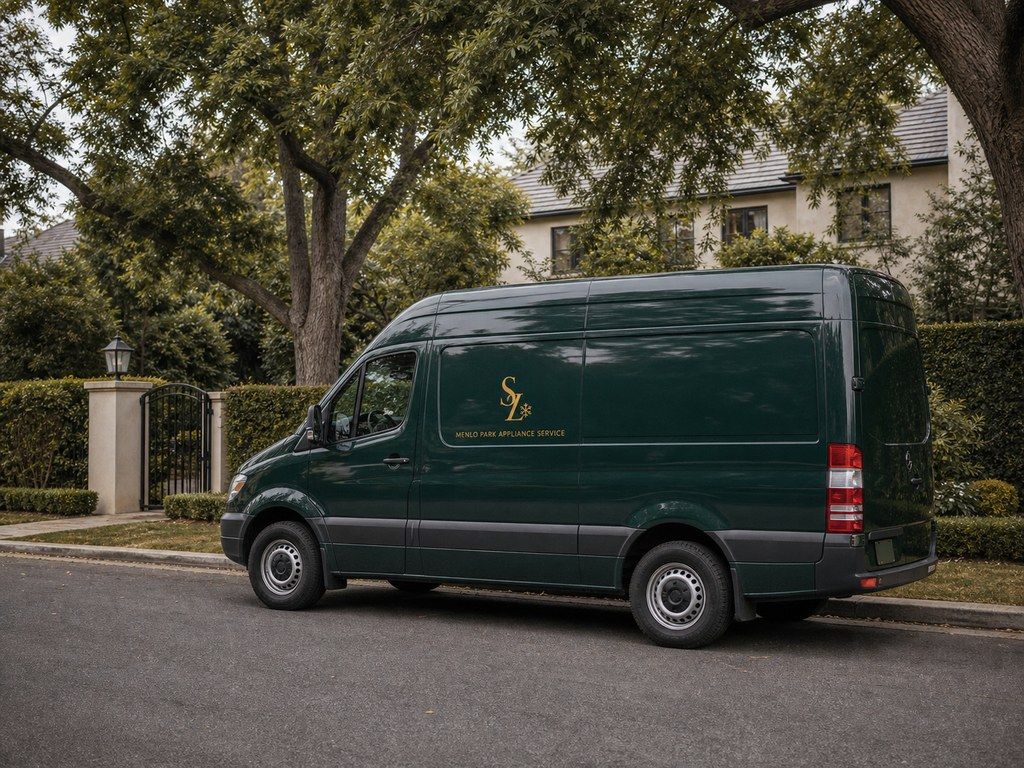 The clean matte forest-green Sub-Zero Menlo Park service van photographed on an affluent tree-lined residential street in West Menlo