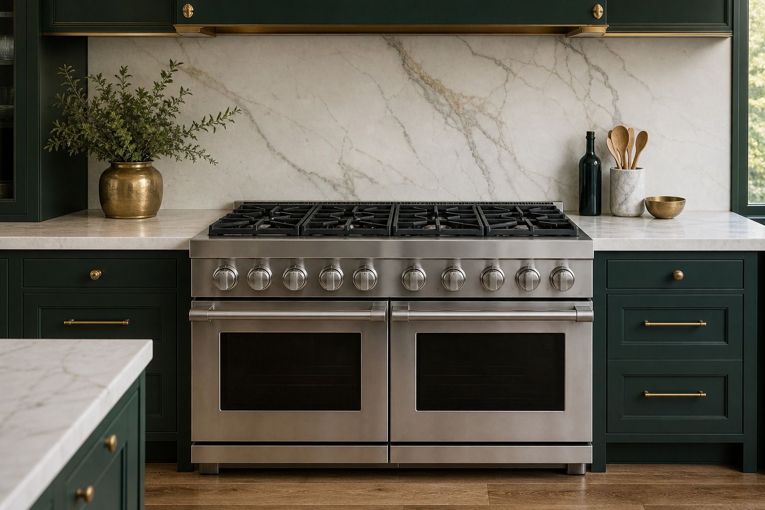 A professional Viking range and built-in refrigeration in a custom Menlo Park estate kitchen with stone counters