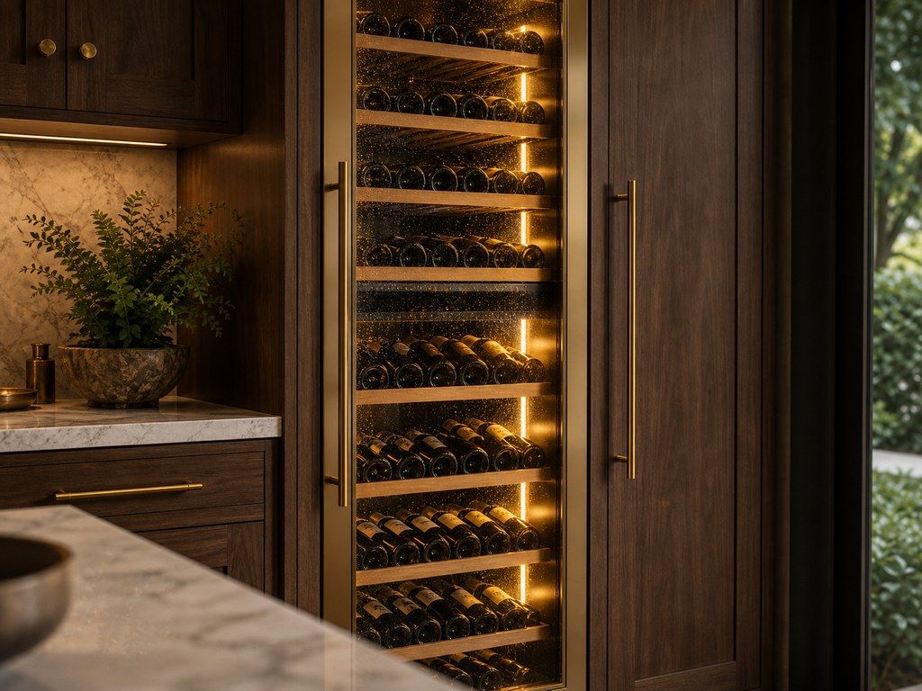 A built-in Sub-Zero glass-front wine storage column fully stocked with bottles glowing under warm amber LED light in walnut estate cabinetry