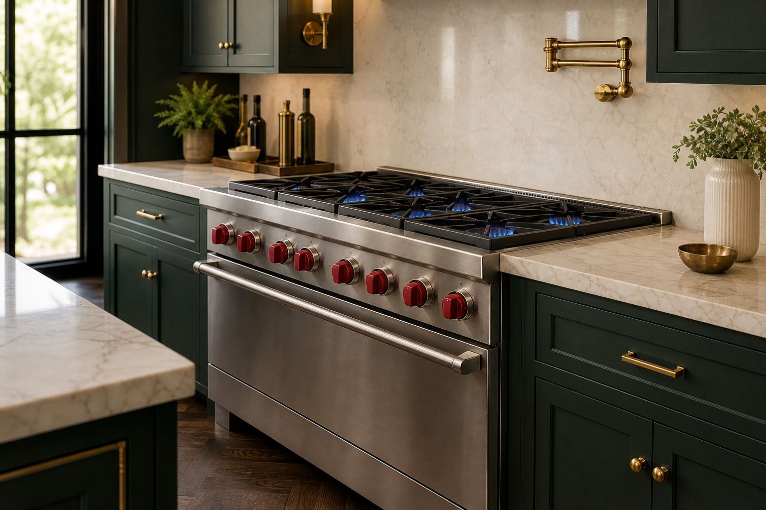 A stainless Wolf range with signature red control knobs set into a high-end Menlo Park estate kitchen with custom cabinetry